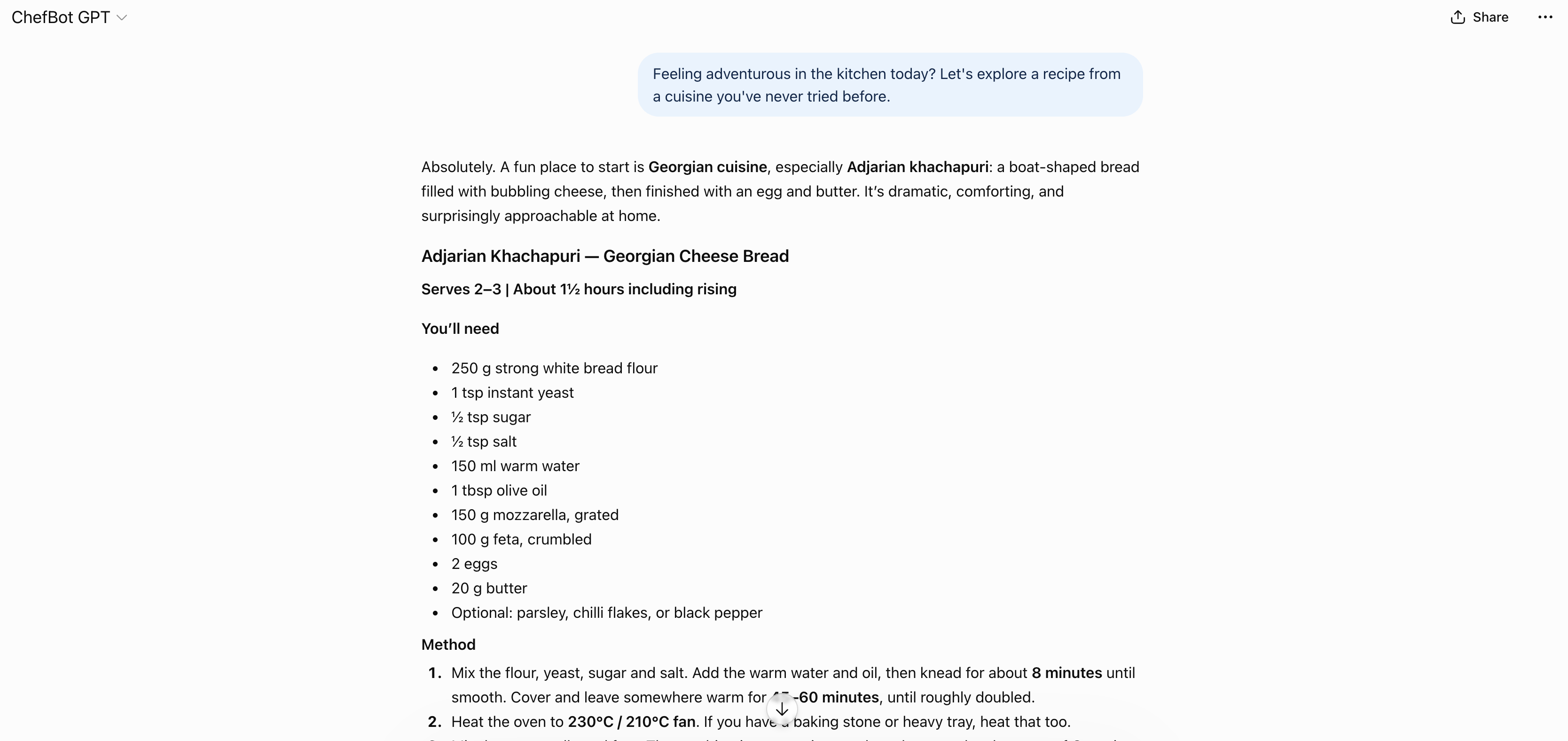 A ChefBot conversation: the user asks for a recipe from a cuisine they have never tried, and ChefBot answers with Adjarian khachapuri, Georgian cheese bread, with quantities and a numbered method